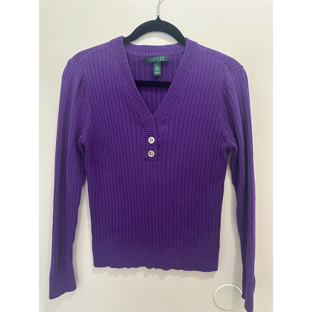 Lauren Ralph Lauren purple ribbed V-neck sweater SIZE L 100% Cotton